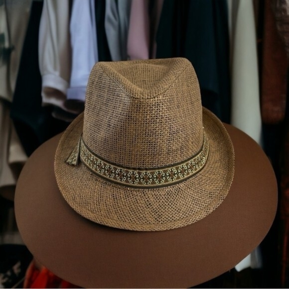 Mens Tan Brown Gold Banded 100% Straw Short Brim Fedora Hat Sz 62cm Barely Worn - Picture 2 of 7